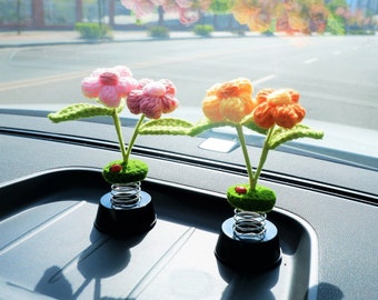 Crochet Fluffy Flower Car Dashboard Accessories, Bobblehead Daisy Car Dashboard Decor, Cute Car Accessories for Women, Car Air Freshener