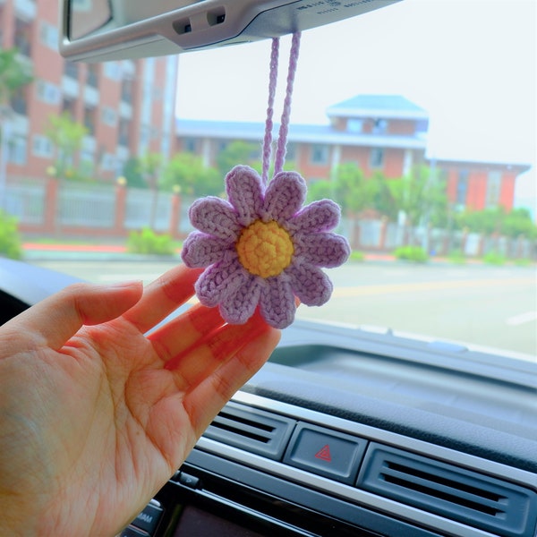 2Pcs Crochet Daisy Car Mirror Hanging Accessory, Rainbow Flower Rear View Mirror Accessory, Boho Car Interior Accessories for Women/Teens