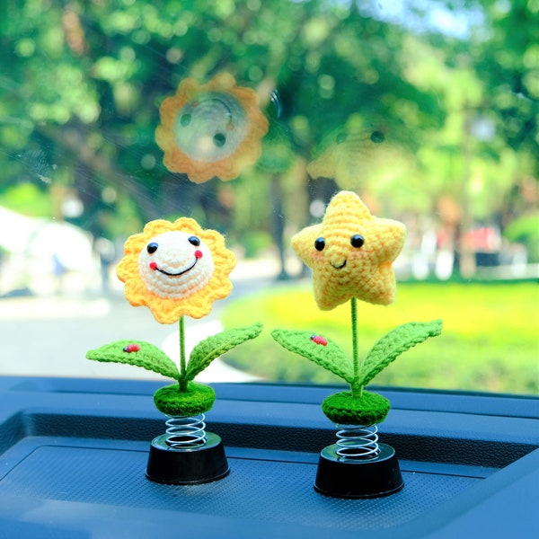 Crochet Smiley Sun & Star Flower Car Accessories, Car Plant Bobblehead Dashboard Decor, Cute Car Accessories Interior, Car Air Freshener