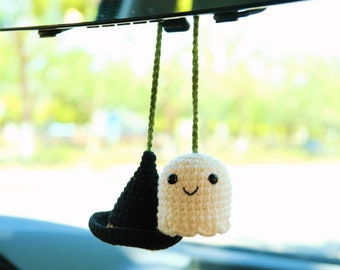 Crochet Ghost Witch Hat Car Mirror Hanging, Spooky Cute Car Rearview Charm, Halloween Car Interior Accessories