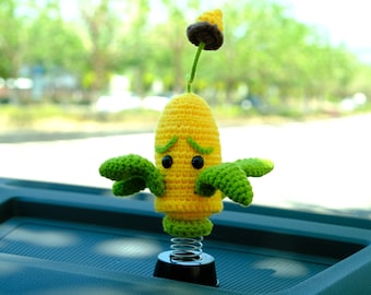 Crochet Corn Shooter Bobblehead Car Accessories, Car Plant Dashboard Decor, Cute Car Interior Accessory for Women/Teens, Car Air Freshener