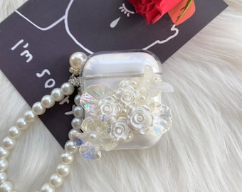 Decoden AirPods Case with Wristlet, Vintage Roses Pearl Silicone AirPods Case with Keychain, Custom AirPod Case for Airpods 1/2/3/4/Pro