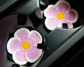 Crochet Car Coaster Set, Daisy Flower Car Drink Coaster, Kawaii Car Accessories for Women, Cute Car Coasters, Car Cup Holder Coasters