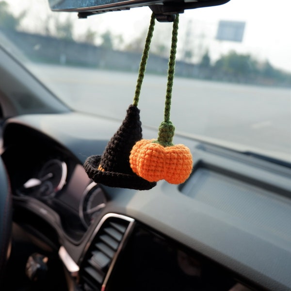 Crochet Pumpkin & Wizard Hat Car Mirror Hanging Accessory, Witchy Car Rear View Mirror Accessory, Goth Car Accessories, Christmas Gift