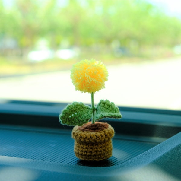 Crochet Pompon Mum Autozubehör, süße Mini Topfpflanze Car Dashboard Decor, Boho Interior Car Accessoire für Frauen, Weihnachtsgeschenk