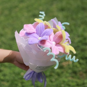 lily Pipe Cleaner Flowers Bouquet, Fake Flower Bouquet Colorful, Velvet Everlasting Flower, Pastel Lily Bouquet, Wedding Gift for Bridesmaid