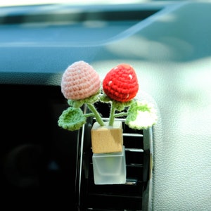 Crochet Strawberry Car Diffuser, Car Plant Vent Clip, Car Air Freshener Clip, Car Diffuser Bottle, Boho Car Interior Accessory for Women
