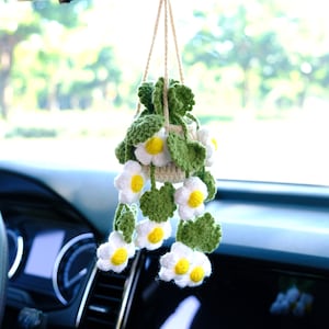 Crochet Daisy Flower Car Mirror Hanging Accessory, Flower Basket with Tassel Car Rearview Mirror Ornament, Crochet Hanging Flower/Leaf