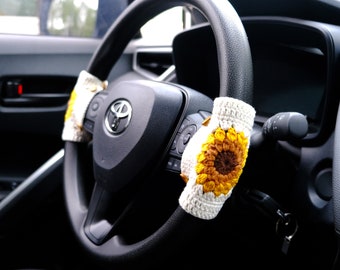 Crochet Sunflower Steering Wheel Cover, Adjustable Steering Wheel Cover, Cute Interior Car Accessory for Women, Boho Steering Wheel Cover