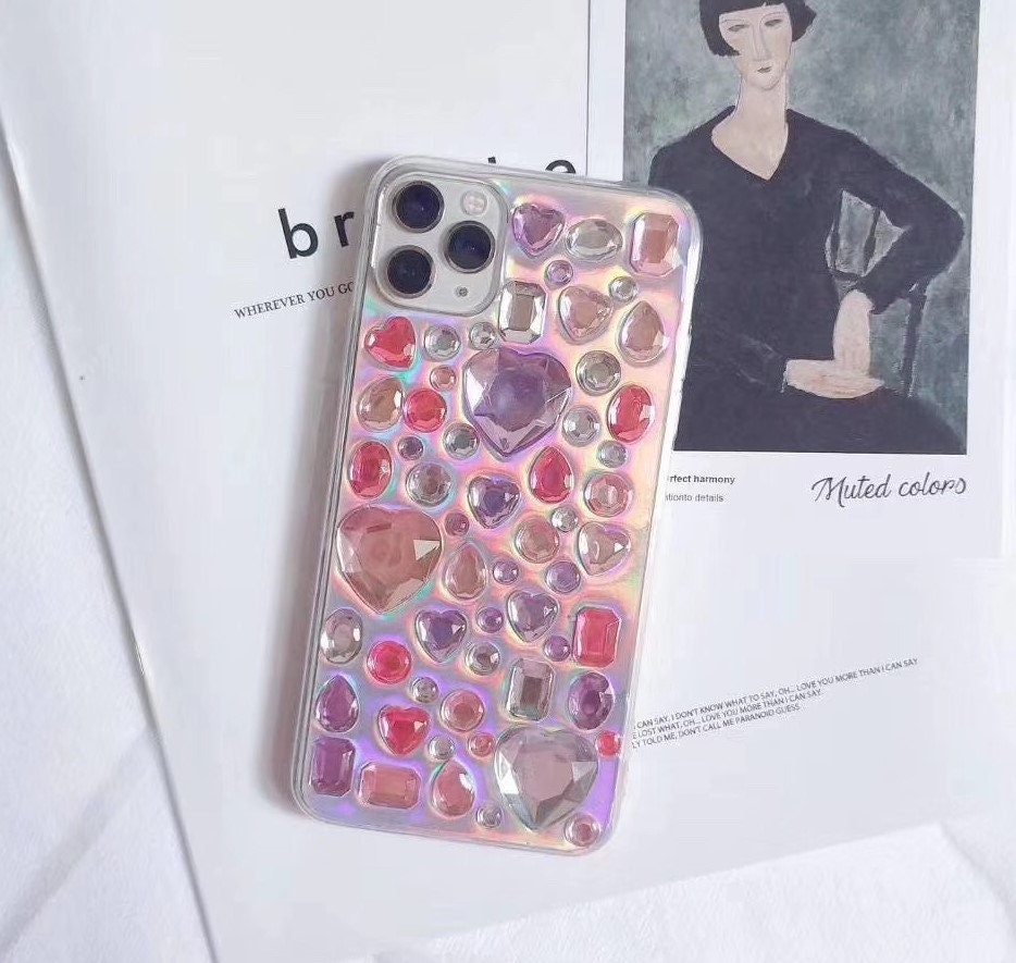 Bling Rhinestone 3D Phone Case, Holographic Insert Phone Case, Glitter iPhone Case, Hearts Phone Case for iPhone 12/13/14/15 Pro Max, Galaxy