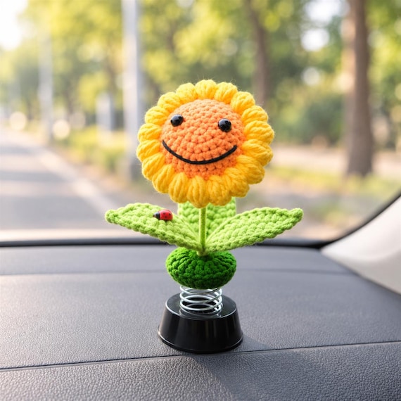 カーナビ sunflower Crochet Sunflower Car Dashboard Bobblehead, Smiley Flower Car