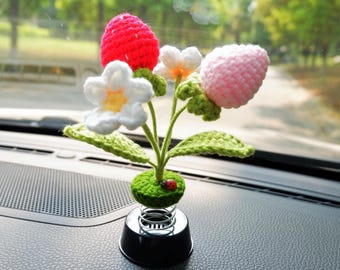 Crochet Strawberry Car Dashboard Bobblehead, Daisy Flower Car