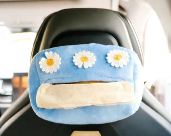 Daisy Flower Patch Car Tissue Box Cover, Daisy Car Tissue Holder, Cute Pink/Blue/Black Car Interior Accessories for Women
