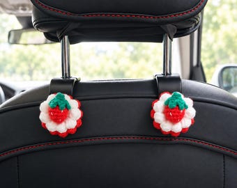 Car Hooks Set of 2, Crochet Strawberry Car Seat Organizer, Pink Girly Car Interior Accessories for Women