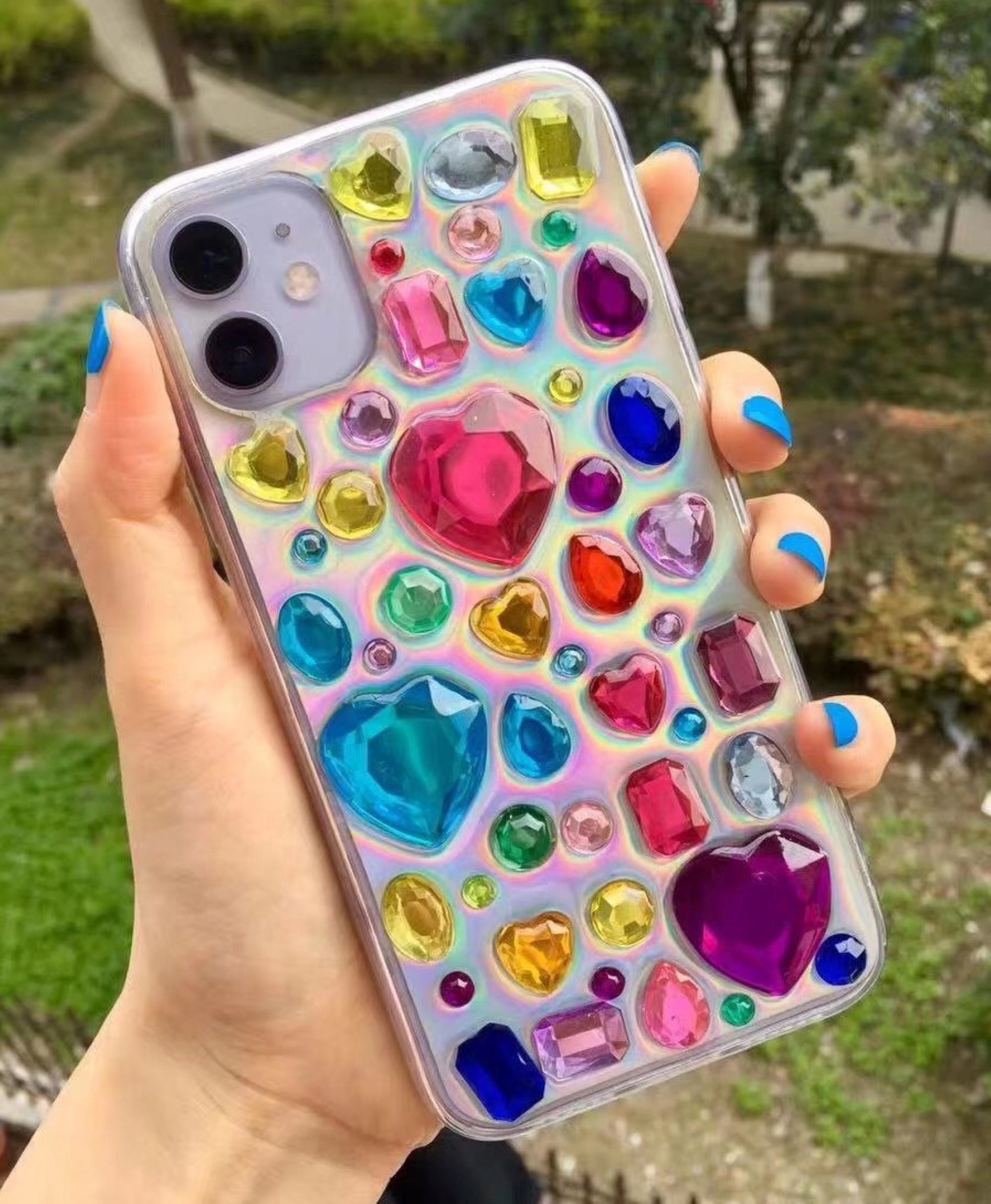 Bling Rhinestone 3D Phone Case, Holographic Insert Phone Case, Glitter iPhone Case, Hearts Phone Case for iPhone 12/13/14/15 Pro Max, Galaxy
