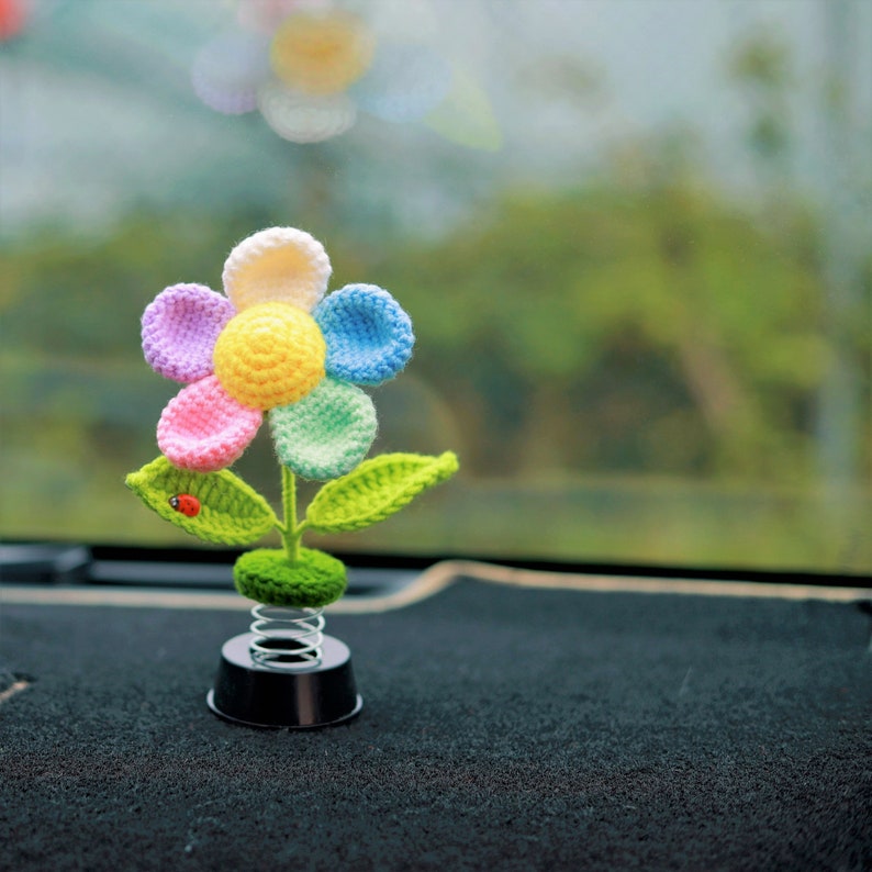 Crochet Rainbow Flower Car Dashboard Decor Bobblehead Flower Etsy