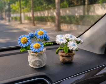 Crochet Daisy Flower Pot, White Blue Daisy Bouquet, Crochet Plants