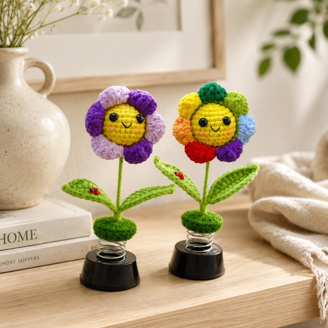 Crochet Sunflower Car Dashboard Bobblehead: Smiley Car Accessory