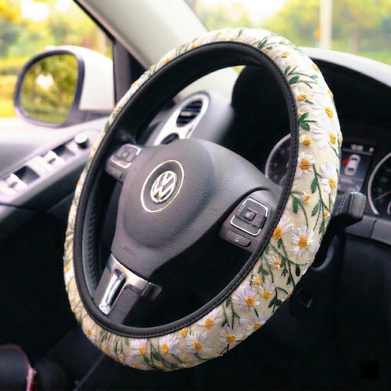 Flower Embroidery Steering Wheel Cover & Seat Belt Cover, Elastic Floral Steering Wheel Cover, Boho Car Accessories for Women