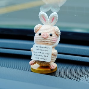 Crochet Emotional Support Pig Car Decor: Custom Positive Piggy with Bunny Ears