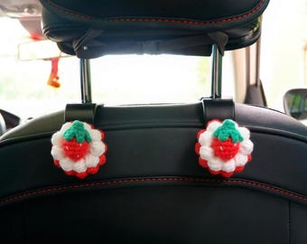 Car Hooks Set of 2, Crochet Strawberry Car Seat Organizer, Pink Girly Car Interior Accessories for Women
