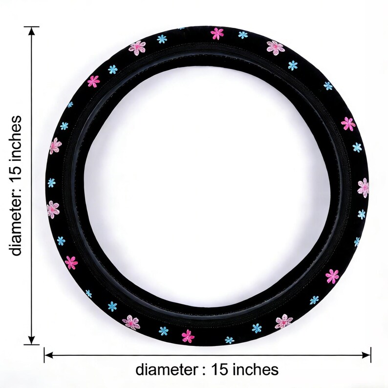 Pink Floral Embroidered Steering Wheel Cover, Boho Chic Flower Elastic Steering Wheel Cover, Cute Car Interior Accessories for Women image 7