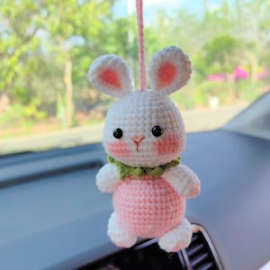 Strawberry Bunny Car Mirror Hanging Accessories, Crochet Bunny Car Rear View Mirror Accessory, Anime Car Accessories, Kawaii Car Decor