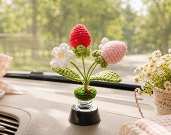 Crochet Strawberry Car Dashboard Accessories, Daisy Flower Bobble
