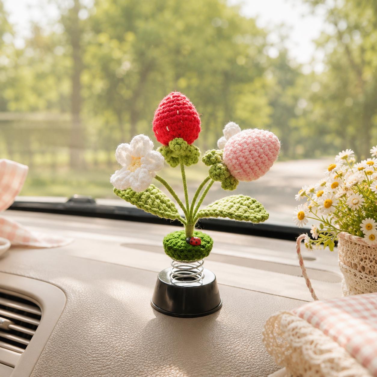 Crochet Strawberry Car Dashboard Accessories, Daisy Flower Bobble