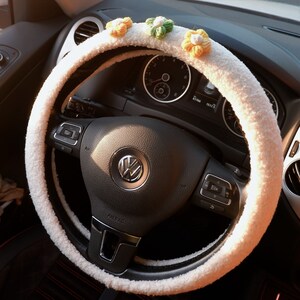 Crochet Floral Fuzzy Steering Wheel Cover, Steering Wheel Cover for Women, Cute Girly Car Accessories for Women B: Yellow-green