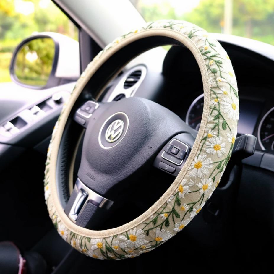 BDK Blue & Black Leather Steering Wheel Cover For Car, Van, SUV, Truck – 15-inch