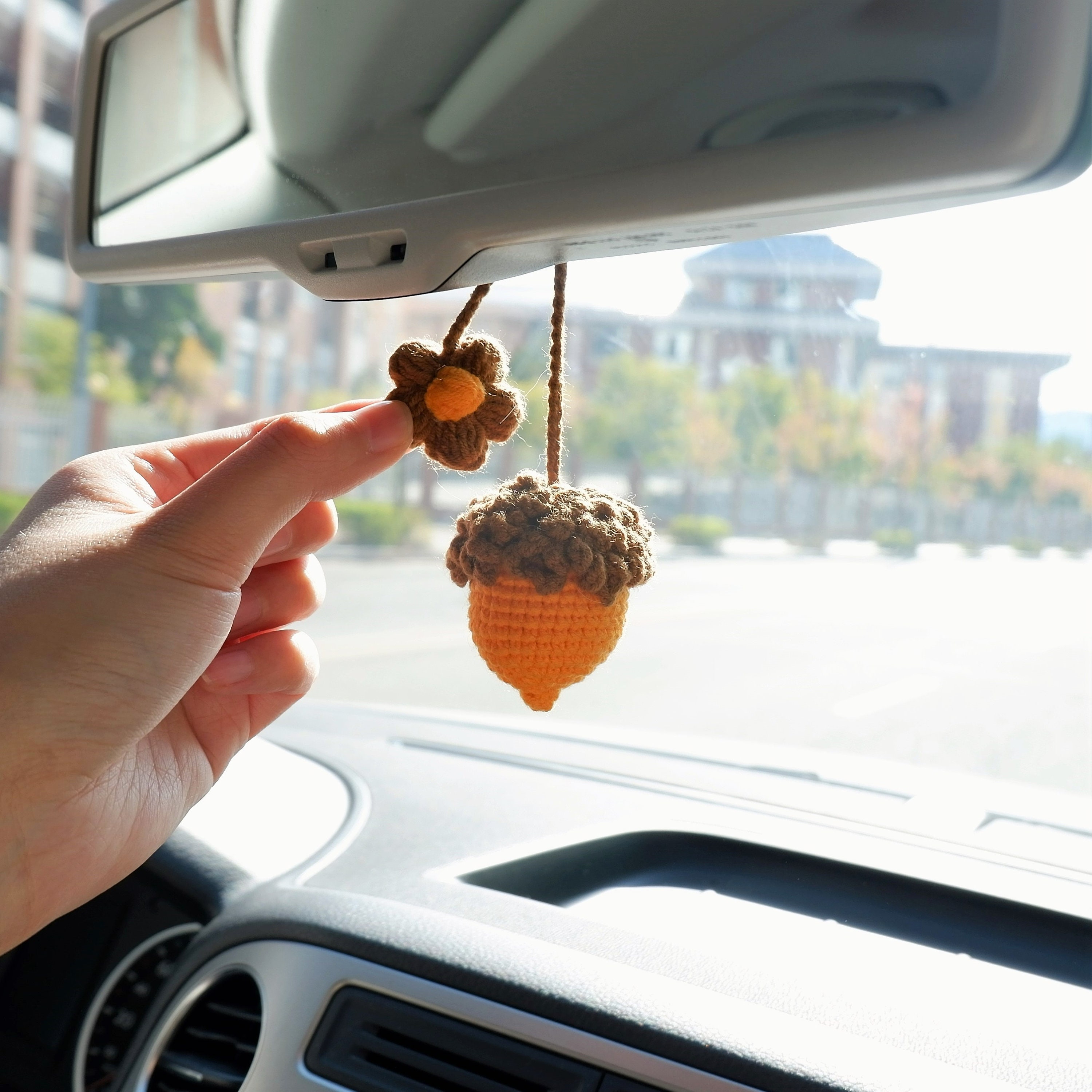 Gehäkelte Eichel Blumen Auto Spiegel Hängezubehör, Kawaii Daisy