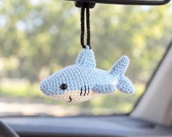 Crochet Shark Rearview Mirror Charm, Car Mirror Hanging Accessories, Cute Fish Car Interior Accessories for Women/Teens/Men