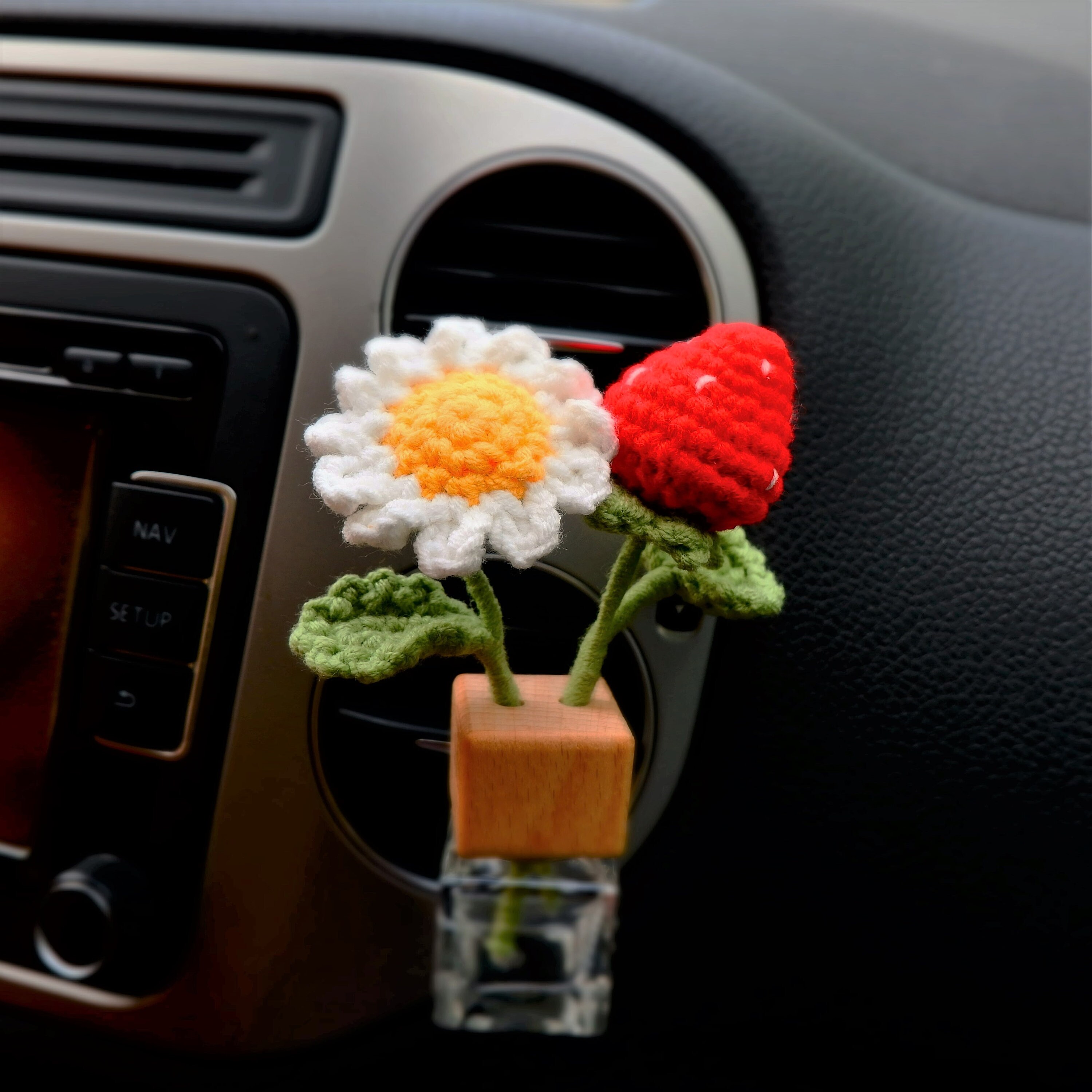 Crochet Strawberry & Daisy Car Air Freshener, Car Plant Vent Clip