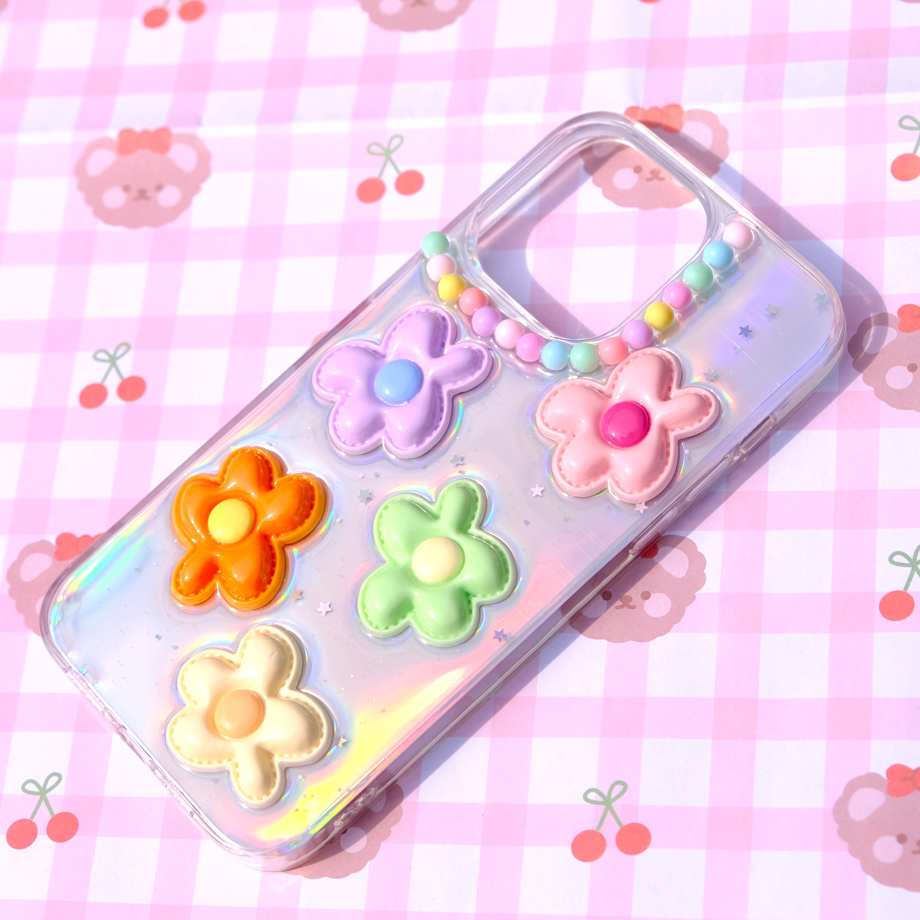 名入れ♡ムーンスティック✨フラワー花柄 キラキラ☆惑星 レインボー iPhone キラキラレインボーフラワースマホケース、グリッター樹脂クリアスマホ