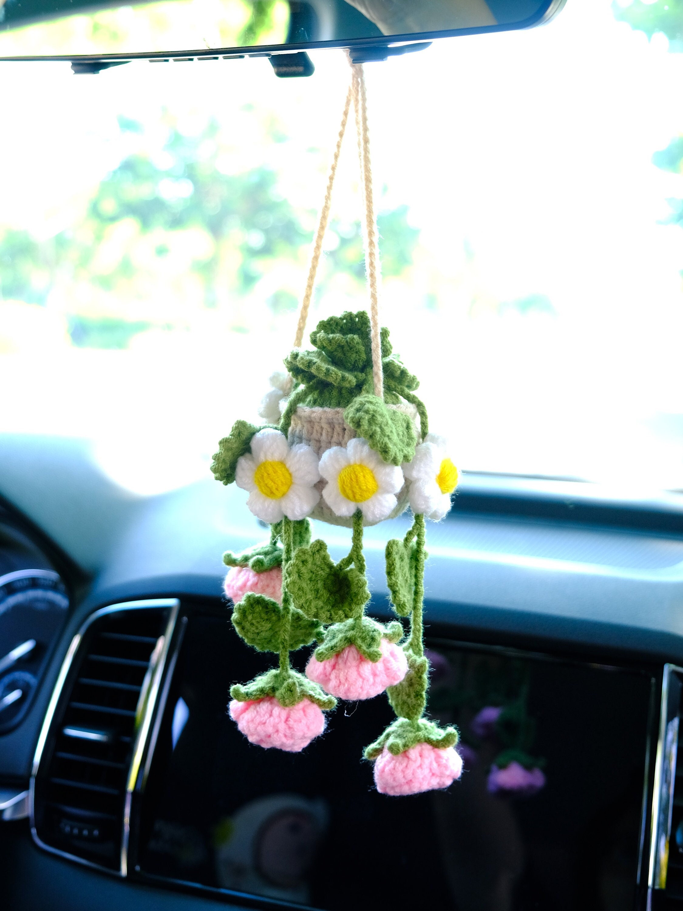 Crochet Rose & Daisy Car Mirror Hanging: Boho Car Accessory - Etsy