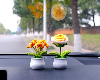 Rose/Forget Me Not Car Dashboard Decor, Crochet Orange Potted Plant Accessories, Boho Car Accessory for Women, Cute Car Accessories Interior