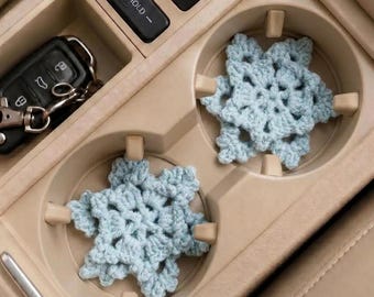 Crochet Snowflake Car Coasters Set of 2, Custom Color/Size Cotton Car Cup Holder, Car Interior Decor, Cute Car Accessories for Women