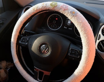 Cute Faux Wool Steering Wheel Cover, Rainbow Daisy Embroidery Patch Steering Wheel Cover Boho, Interior Car Accessory for Women