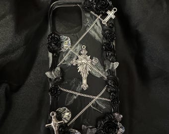 Decoden Phone Case, Crucifix Phone Case, Dark Baroque Rose Chain