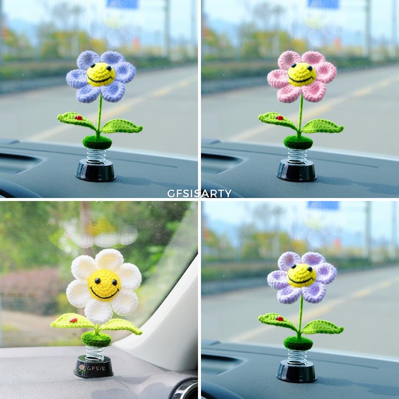 Gehaakte zonnebloem/madeliefje auto-accessoires, leuke auto-interieuraccessoires voor vrouwen, smiley bobblehead auto dashboard decor, autodiffusor afbeelding 8
