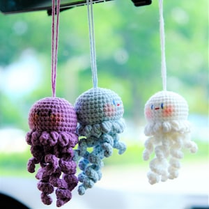 Crochet Jellyfish Car Mirror Hanging Accessories, Smiley Octopus Car Rear View Mirror Ornament, Anime Car Interior Accessory for Women/Teens