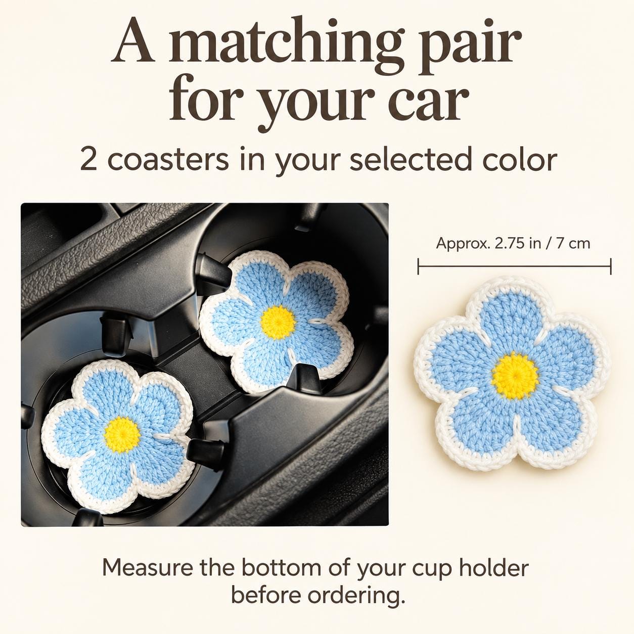 Crochet Daisy Car Coasters Set of 2, 2.75 Inch Cotton Cup Holder