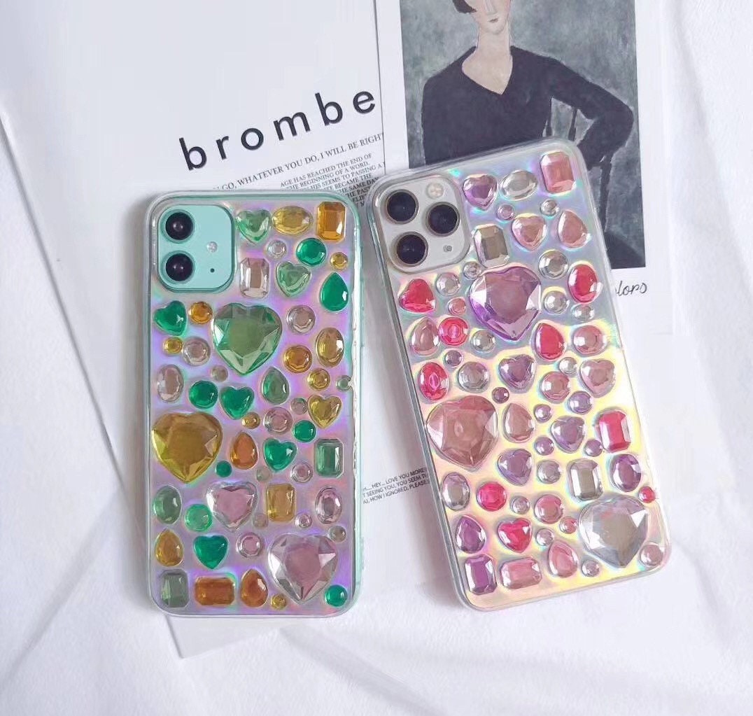 Bling Rhinestone 3D Phone Case, Holographic Insert Phone Case, Glitter iPhone Case, Hearts Phone Case for iPhone 12/13/14/15 Pro Max, Galaxy