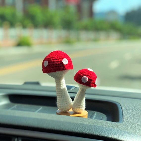 Crochet Mushroom Car Dashboard Decor, Red Mushroom Car Accessories