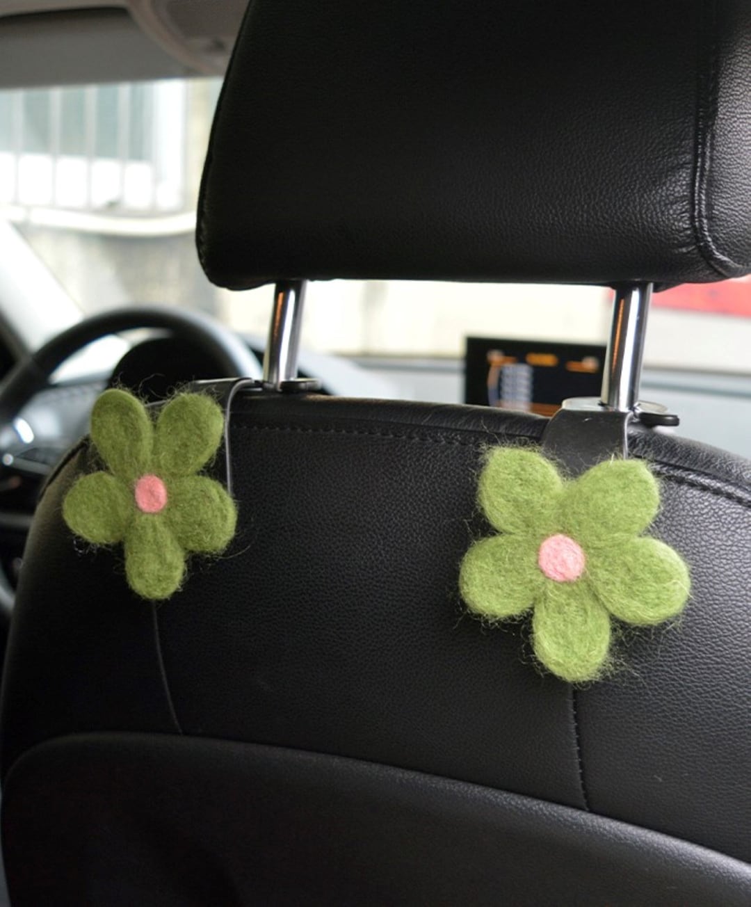 Set of Car Hooks, Wool Felt Flower Car Hanger, Car Seat Purse