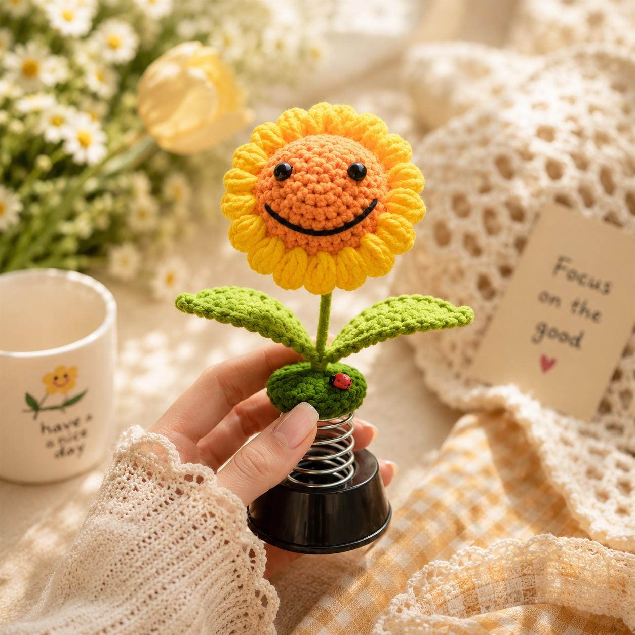 Crochet Sunflower Car Dashboard Bobblehead, Smiley Flower Car