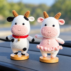 Crochet Cow Car Dashboard Decor, Smiley Farm Animal Ornament with Wood Base, Cute Car or Desk Accessory, Cow Lover Gift