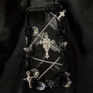 Coque de portable Decoden, coque de portable noire baroque, coque de portable 3D croix/rose/chaîne, coque de portable personnalisée pour iPhone 13/12/14/15/16 Pro Max, Samsung