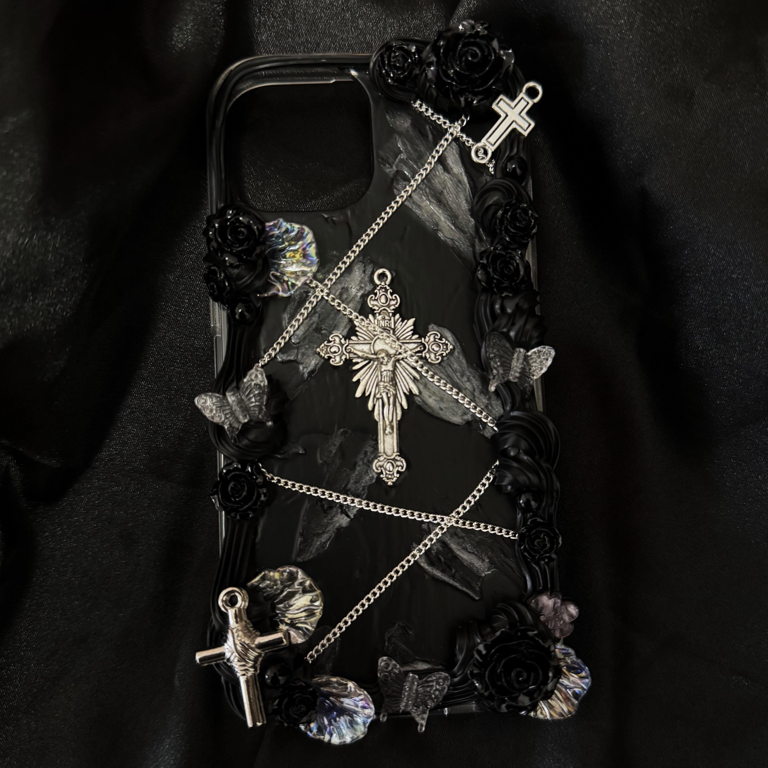 Decoden Phone Case, Black Baroque Phone Case, Cross/rose/chain 3D